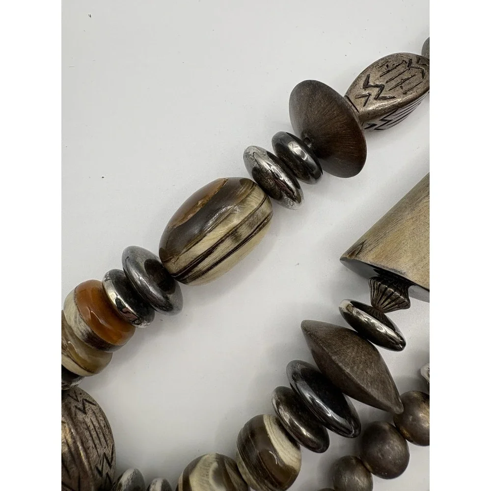 Vtg Designs By Paula Statement Necklace‎ Horn Wood Silver Toned Beads